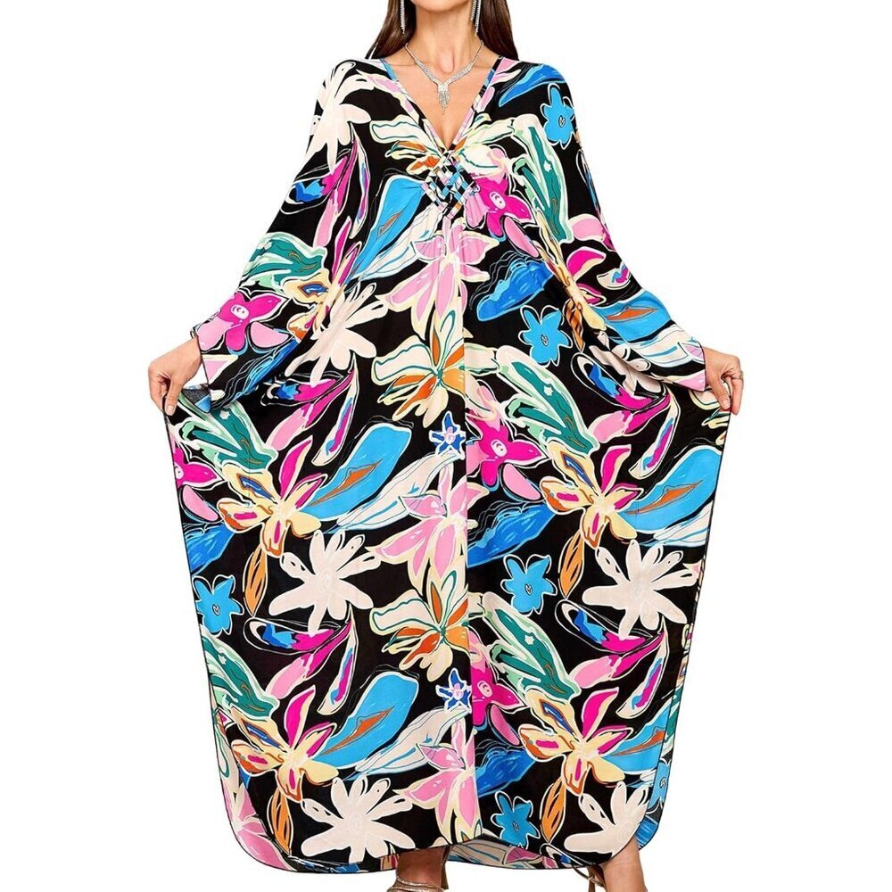 Women's Colourful Flowers V-Neck Batwing Sleeves Summer Cover Up Kaftan Dress